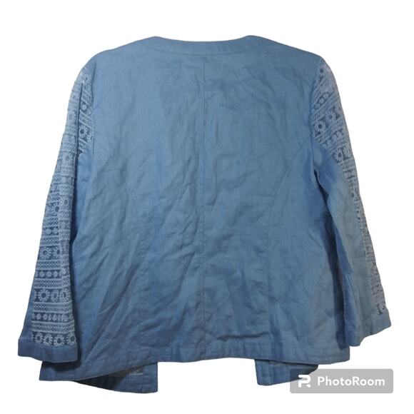Multiples Blue Linen Open Front Crochet Jacket Cardigan Size Small - Picture 2 of 8